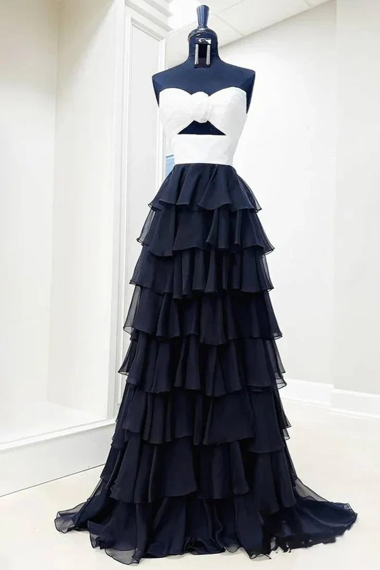 Cute Royal Blue A-Line Strapless Long Tiered Prom Dress with Slit