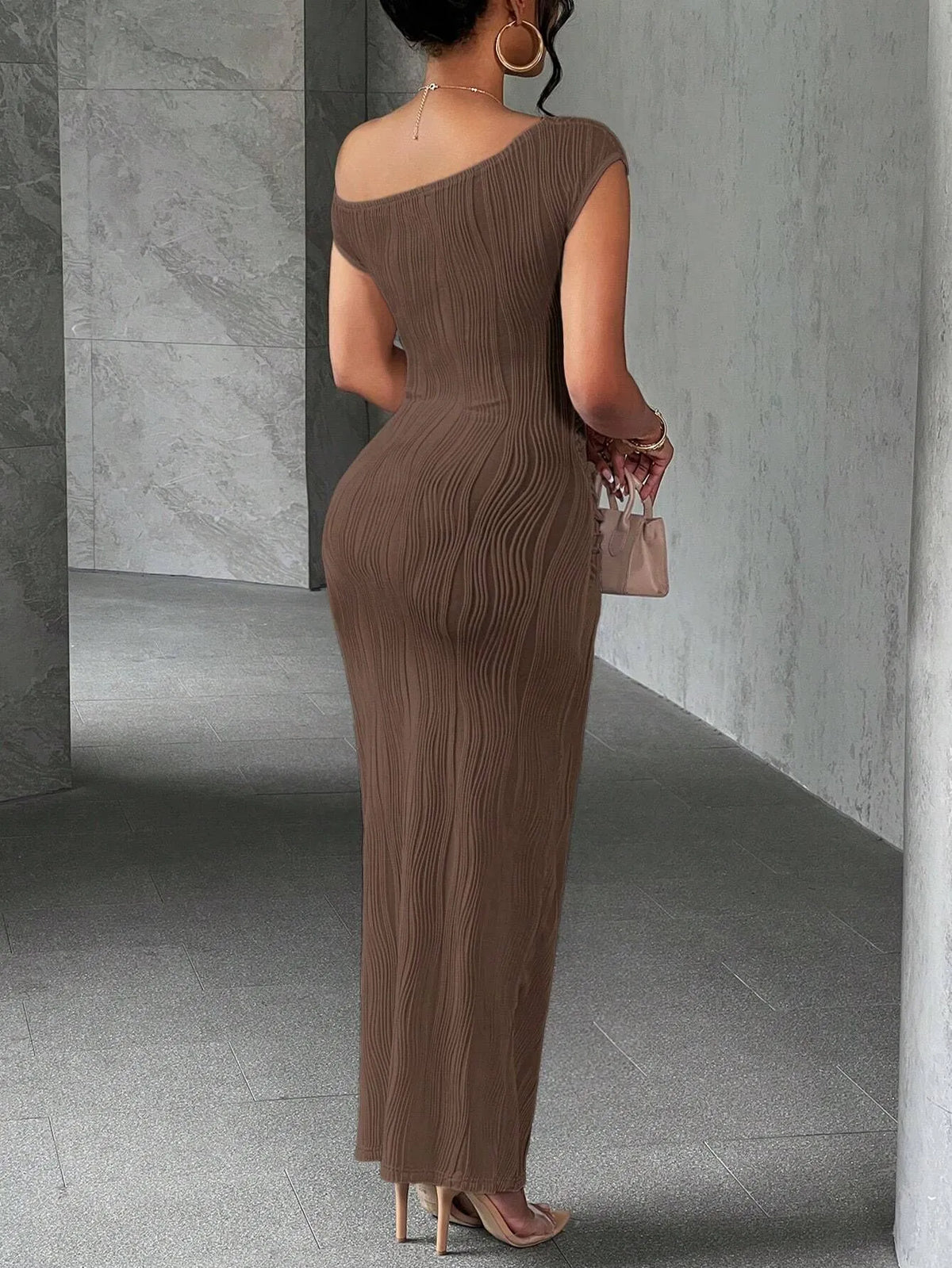 Textured Asymmetric Off Shoulder Cap Sleeve Bodycon Maxi Dress 9