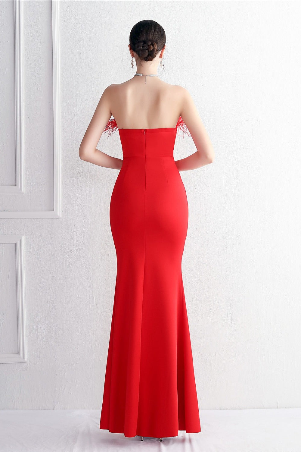 Feather Trim Strapless High Split Mermaid Gown