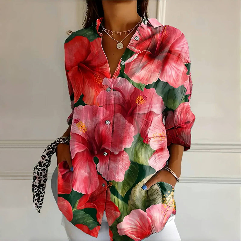 Floral Print Collared Button Front Long Sleeve Blouse