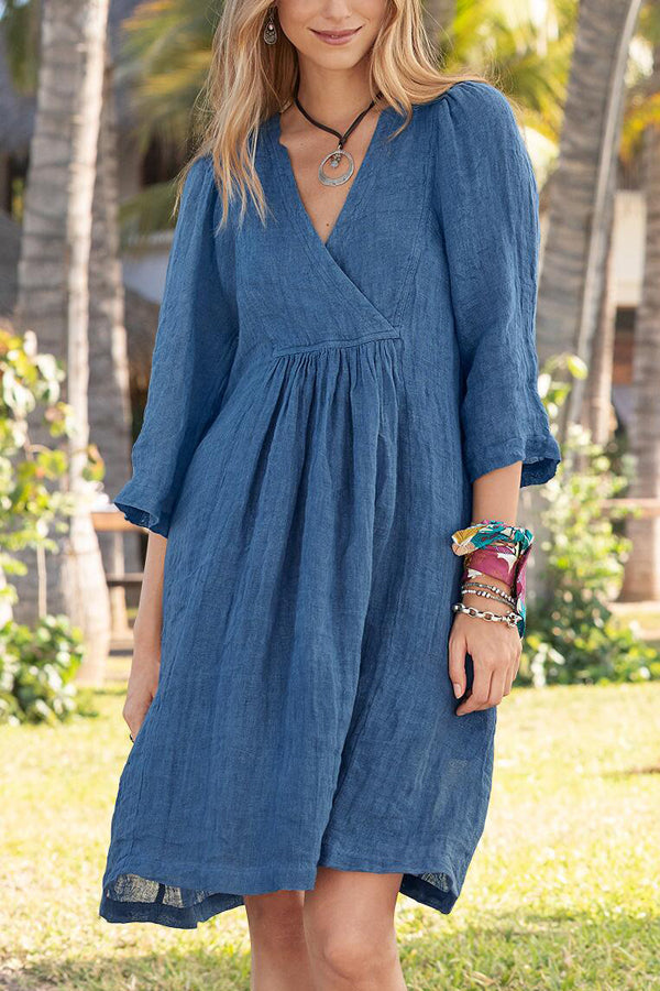 Surplice V-Neck Empire Waist Three Quarter Sleeve Pleated A-Line Midi Dress