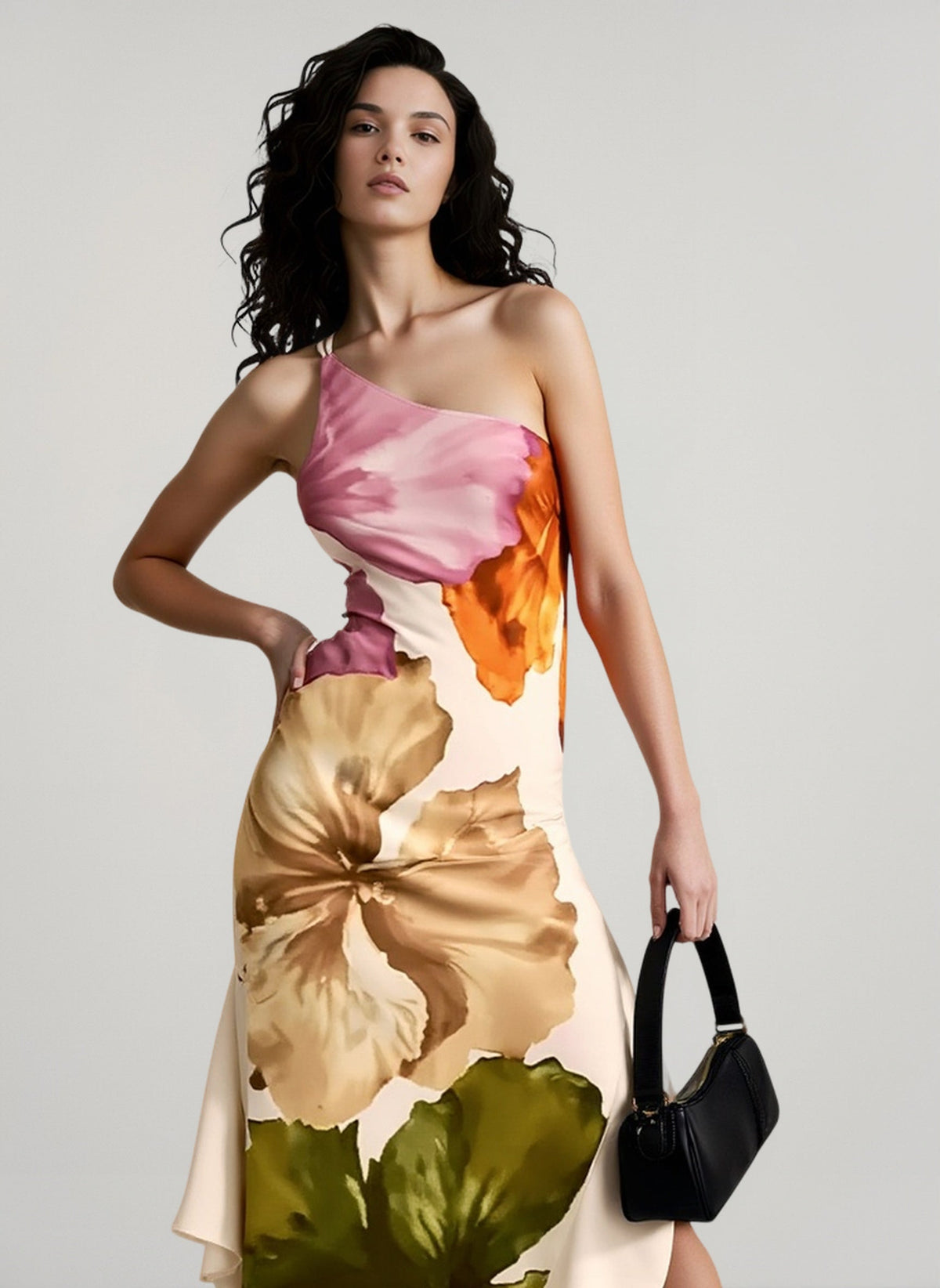Large Floral Print One Shoulder Ruffle Split Hem Maxi Dress 2