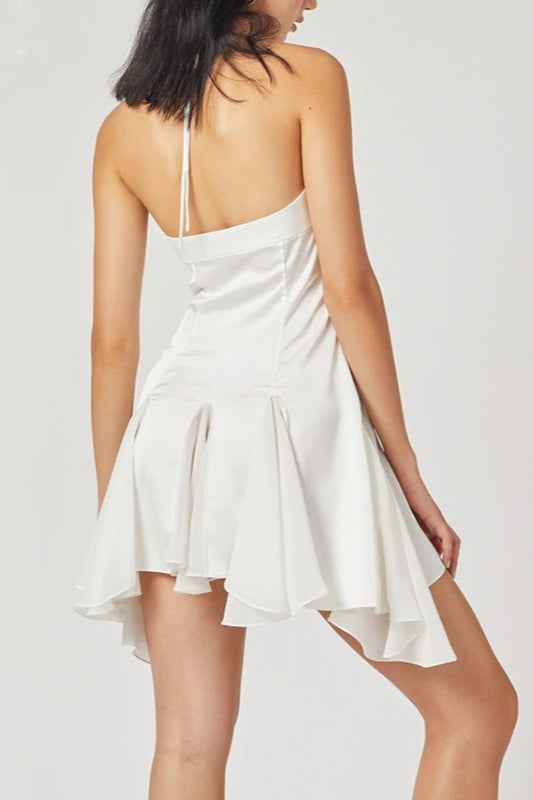 Halter Off Shoulder Ruffle Hem Mini Dress