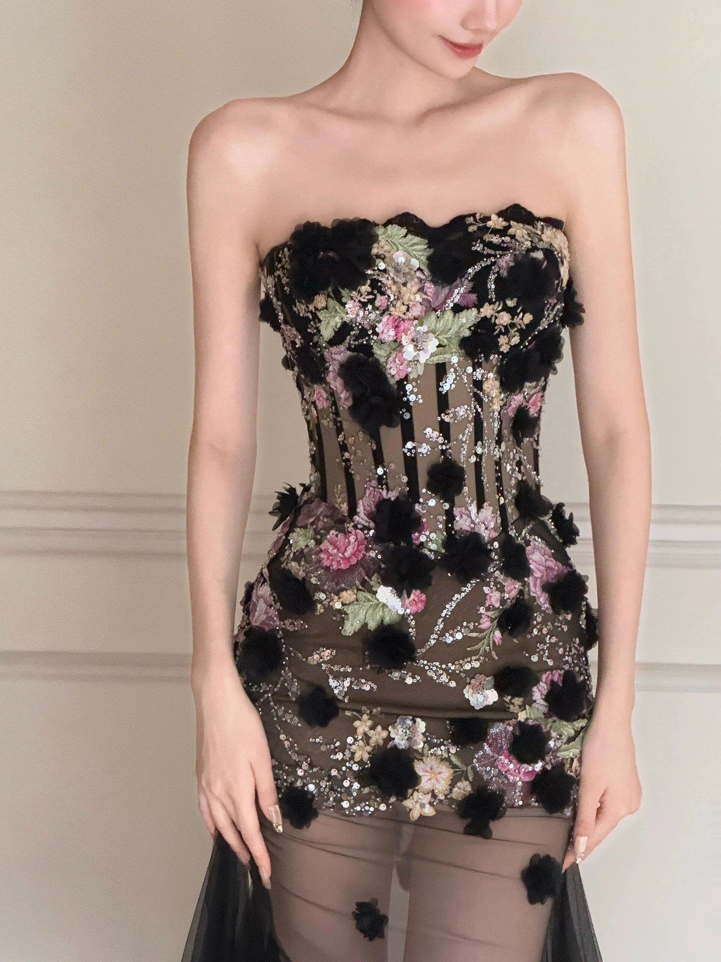 Black Long Prom Dress With Flowers Formal Evening Party Dress Birthday Outfit