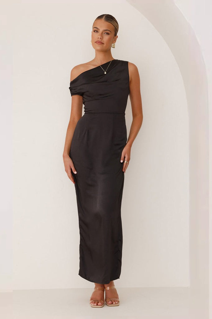 Satin One Shoulder Draped Column Maxi Dress