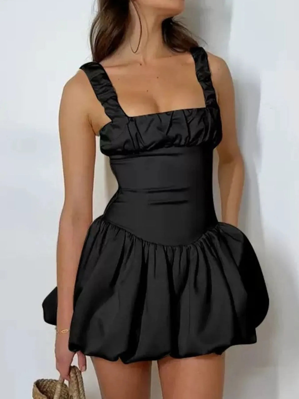 Square Neck Ruched Bust Ruffle Strap Bubble Hem Mini Dress 9