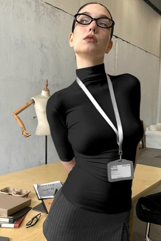 Solid Turtleneck Short Sleeve T-Shirt