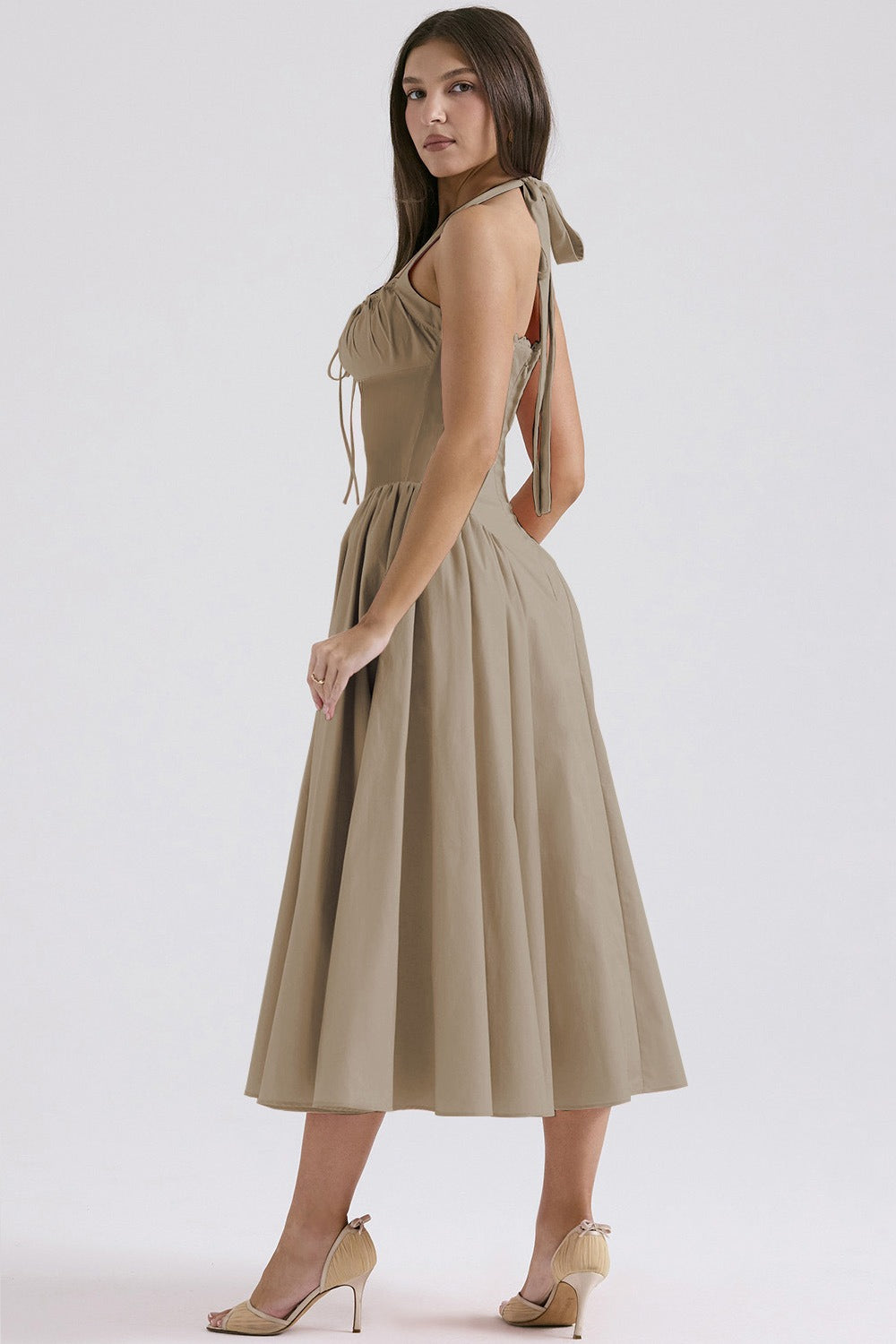 Halter Neck Ruched Corset Fit and Flare Midi Dress