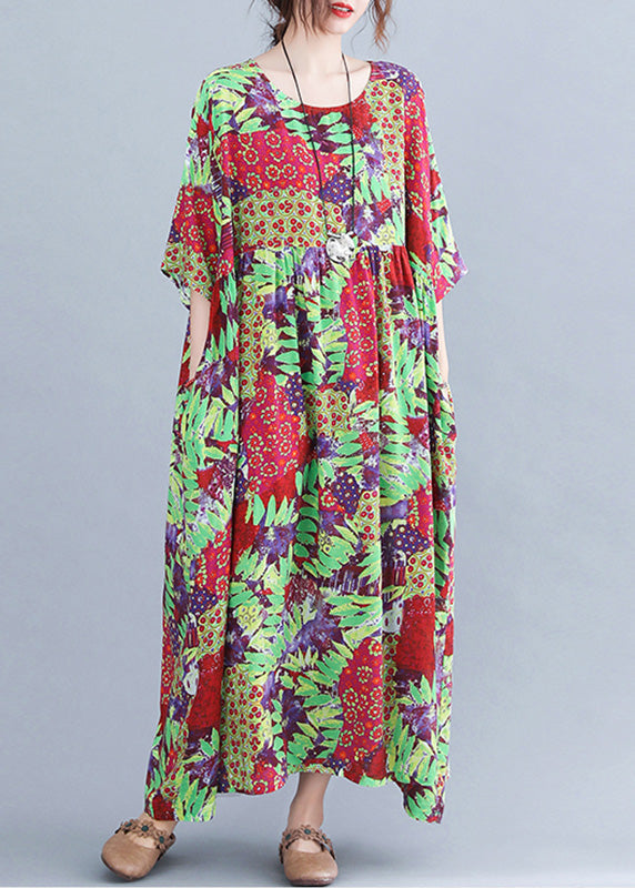 Patchwork Floral Print Round Neck Short Sleeve Empire Waist Pocket Maxi Dress