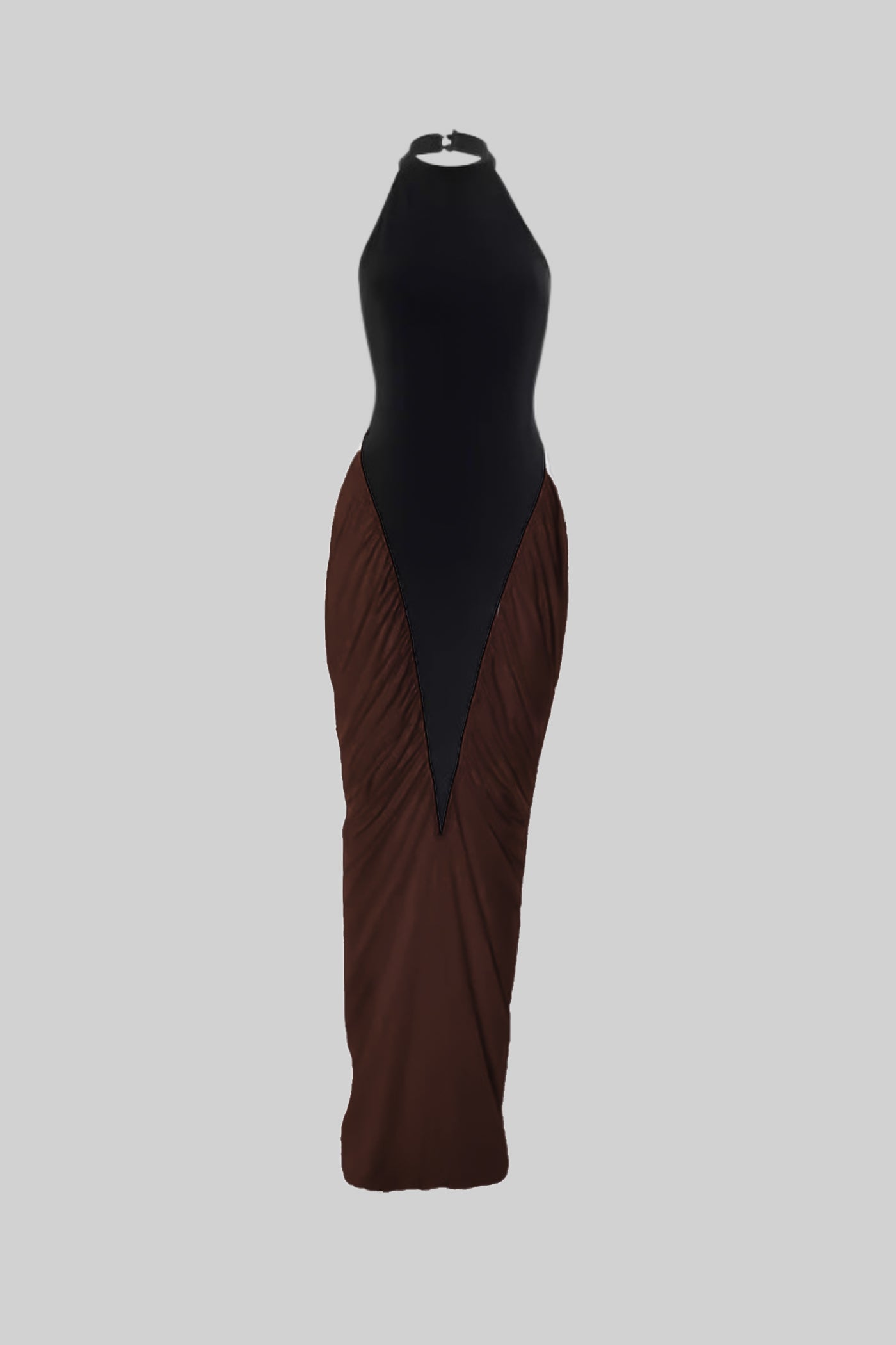 Halter Maxi Dress with Contrasting Ruched Paneling - Black/Brown