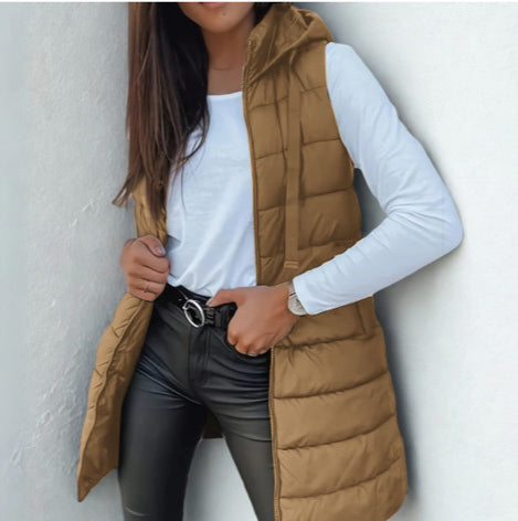 Hooded Zip Front Longline Puffer Vest