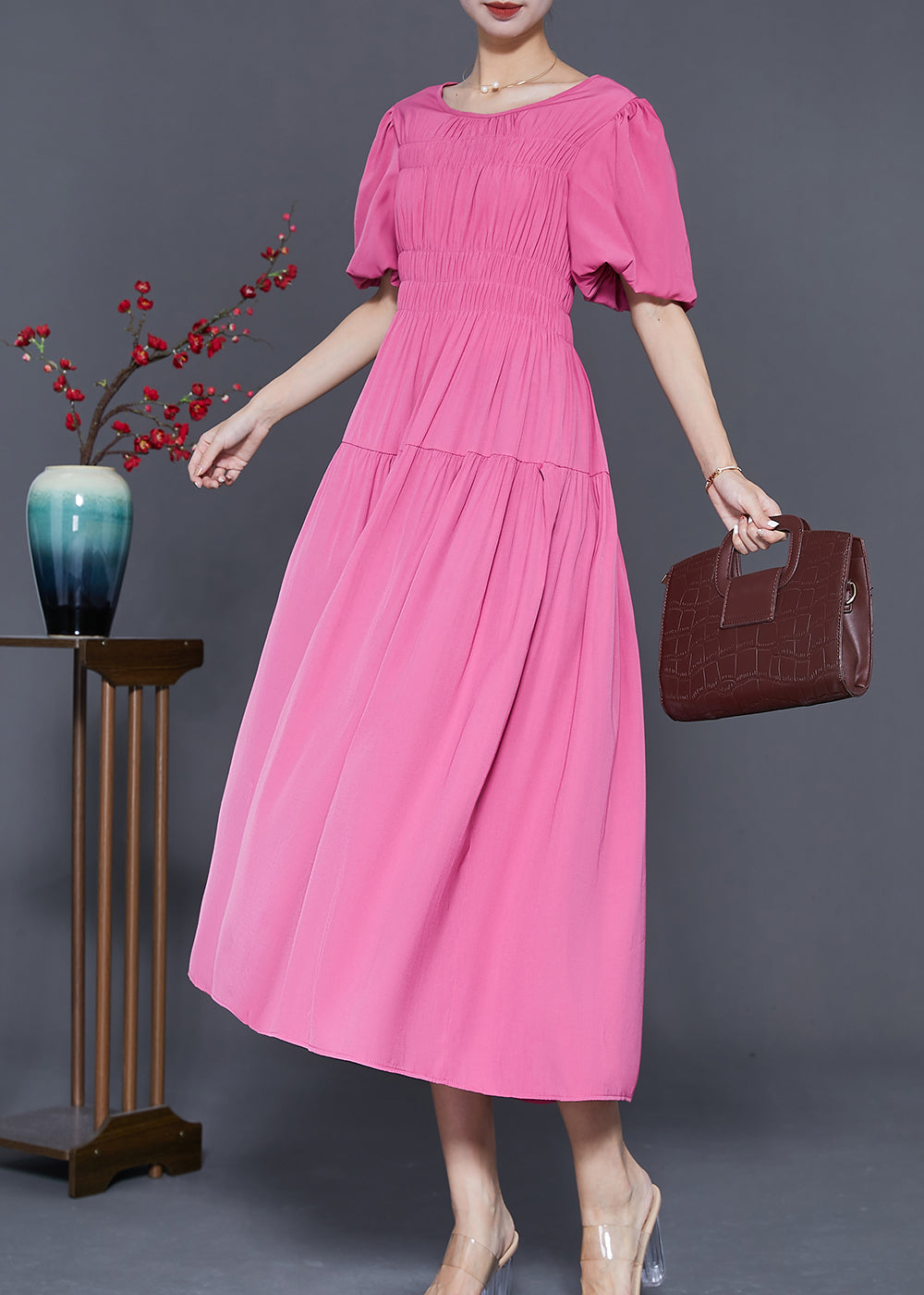 Puff Sleeve Smocked Bodice Empire Waist Tiered A-Line Maxi Dress