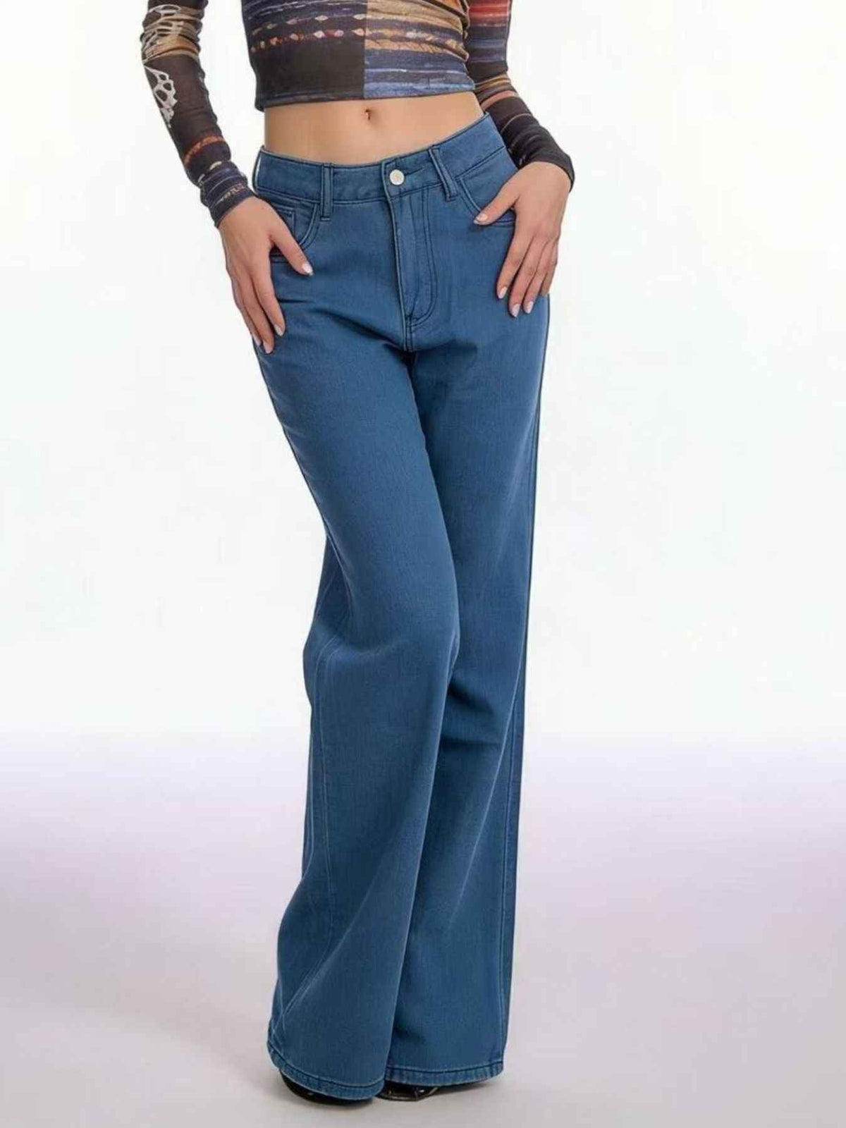 High Waist Five Pocket Full Length Wide Leg Jeans 2