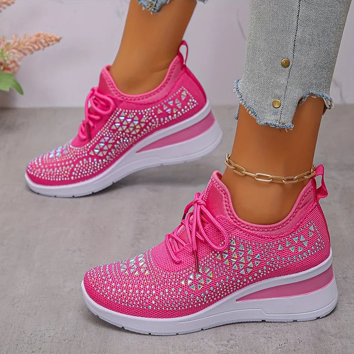 Rhinestone Mesh Lace Up Wedge Sneakers