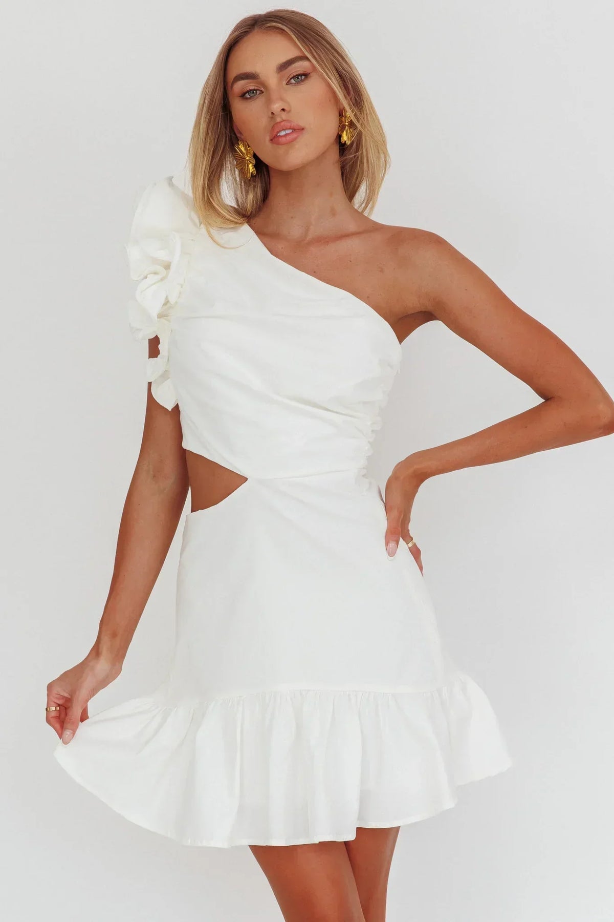 Ruffle One Shoulder Side Cut Out Ruffle Hem Mini Dress