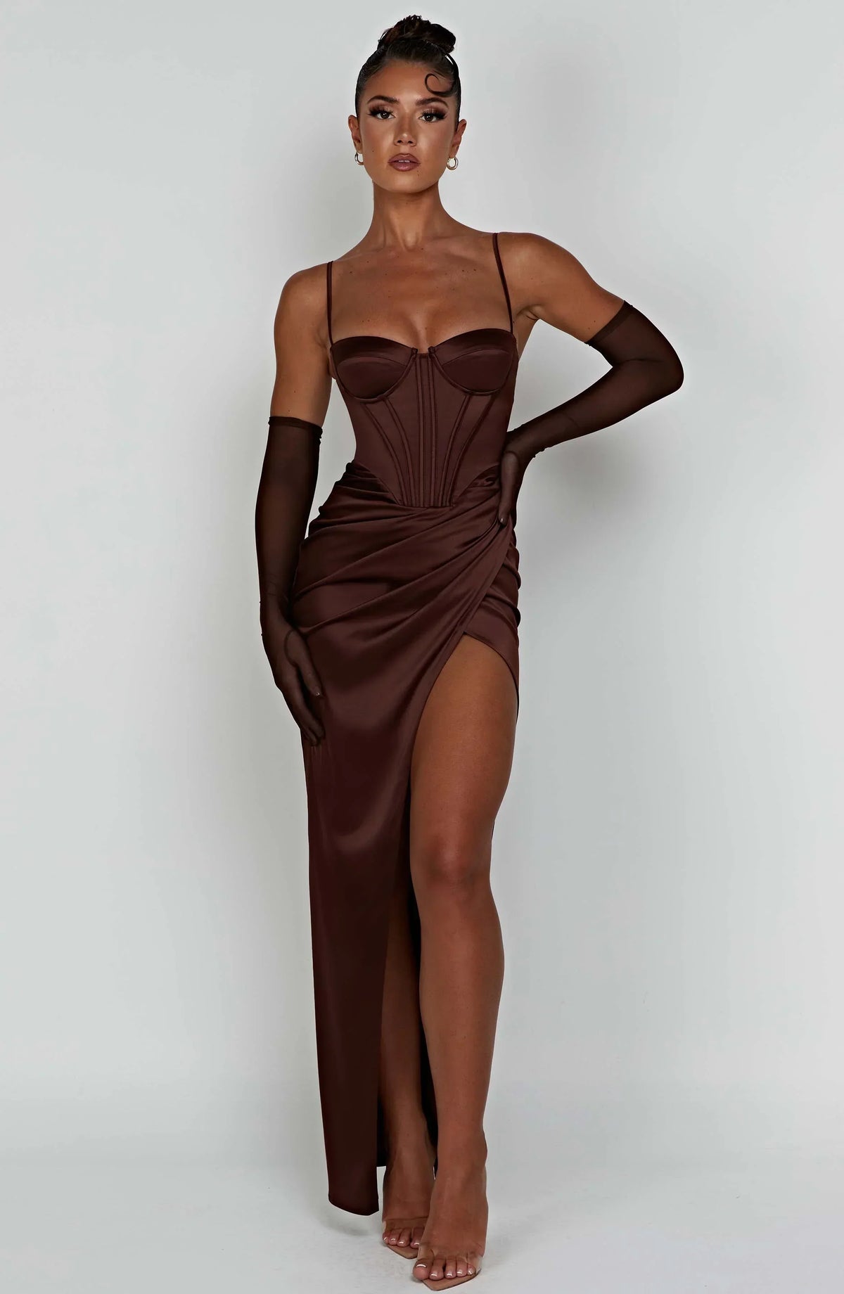 Satin Corset Bustier Cami Strap Wrap High Split Maxi Dress 22