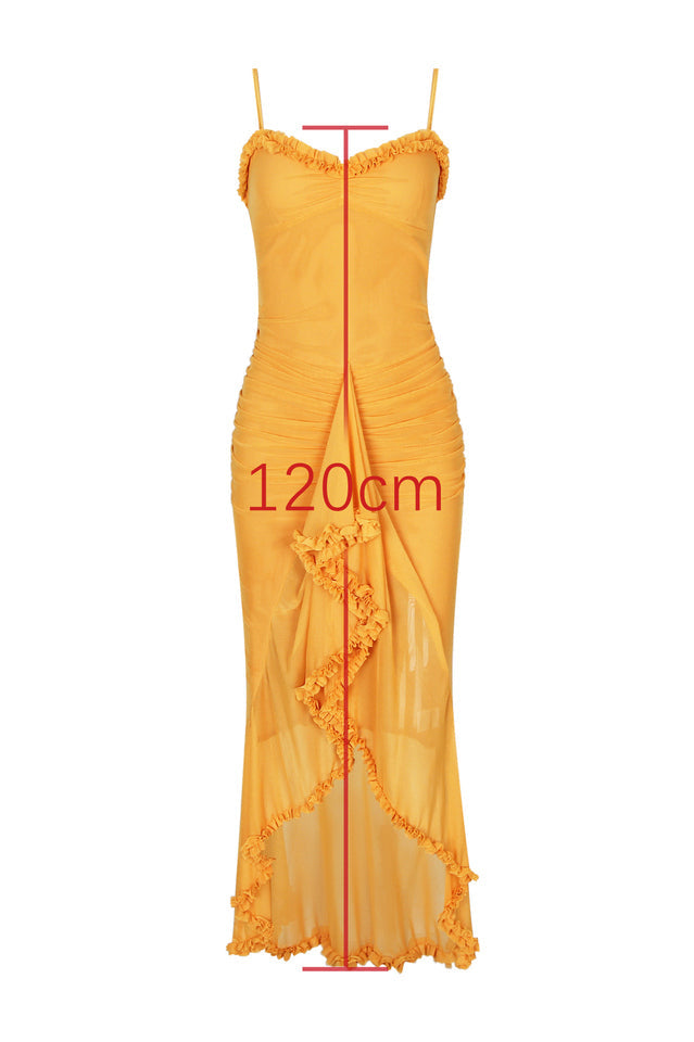 Chiffon Spaghetti Strap Sweetheart Ruched Cascading Ruffle High Low Gown