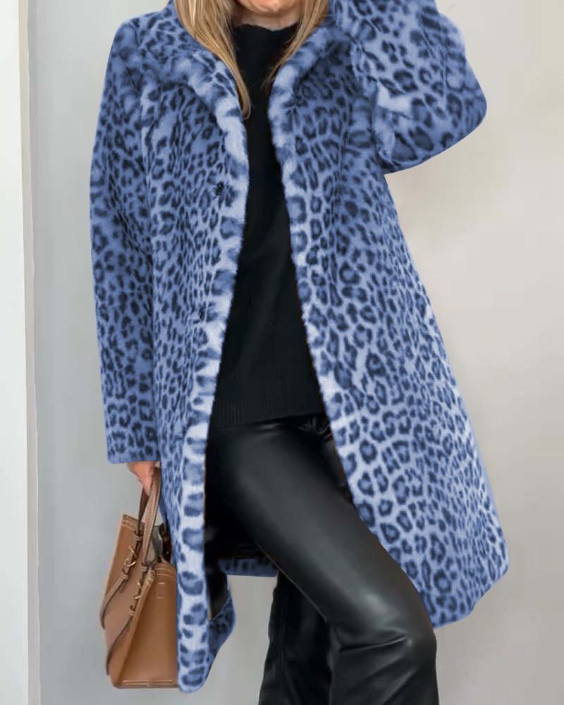 Leopard Print Faux Fur Lapel Collar Longline Coat
