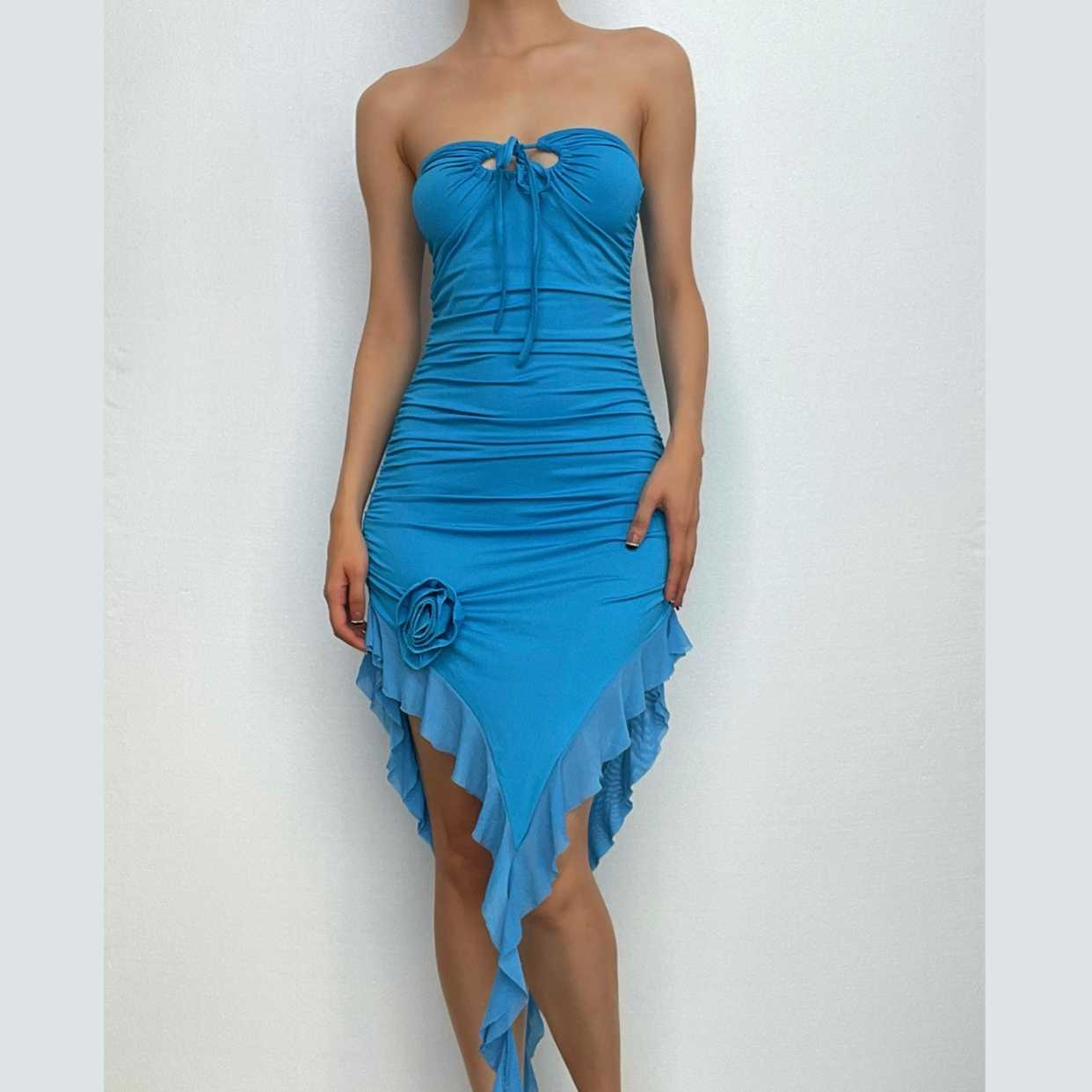 Strapless Cut Out Ruched Floral Applique High Low Midi Dress