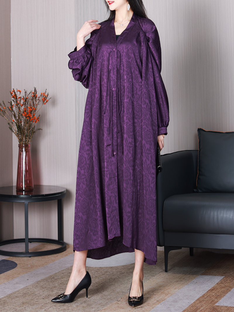 Jacquard Rose Print V-Neck Puff Sleeve Oversized Button Front Maxi Dress