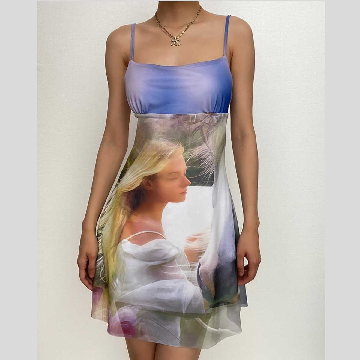 Portrait Print Mesh Overlay Spaghetti Strap Empire Waist Mini Dress