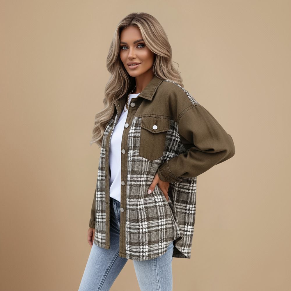 Denim Jacket with Plaid Patchwork and Button Closure