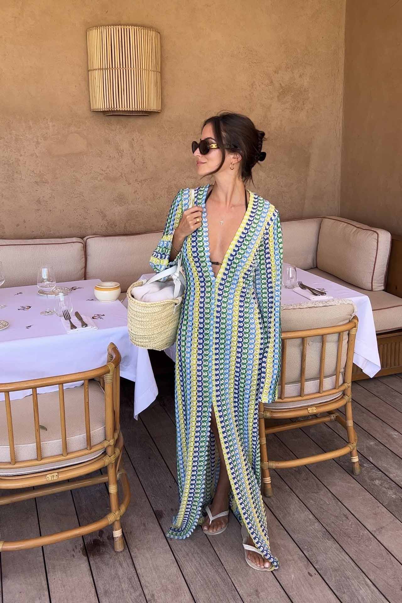 Crochet Deep V-Neck Long Sleeve Striped Boho Maxi Dress