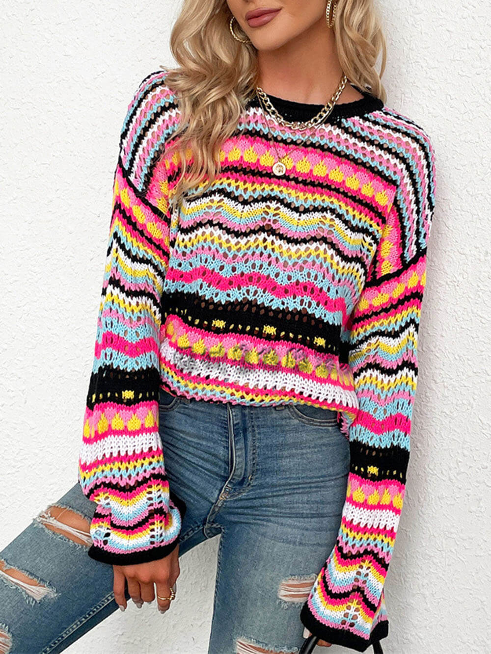 Open Knit Crochet Striped Drop Shoulder Sweater