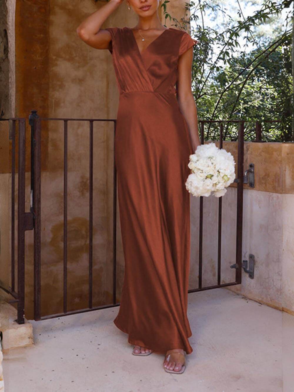 Satin Wrap V-Neck Cap Sleeve Mermaid Maxi Party Dress