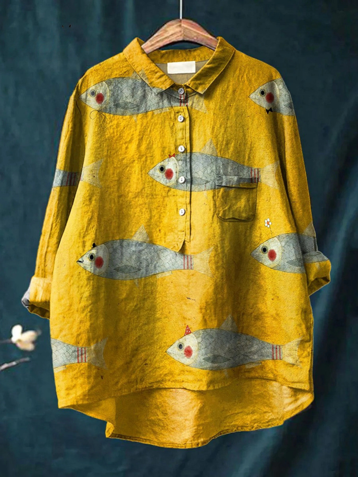 Fish Print Collared Button Front Long Sleeve Shirt