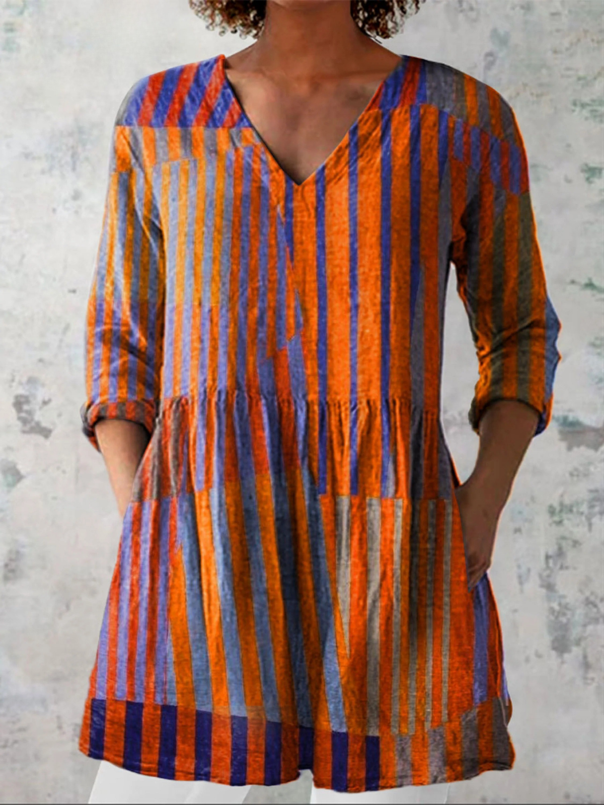 Striped V-Neck Long Sleeve Tiered Pocket Tunic Top