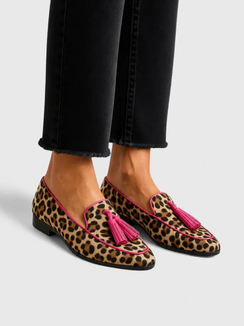 Leopard Print Tassel Trim Pointed Toe Loafers