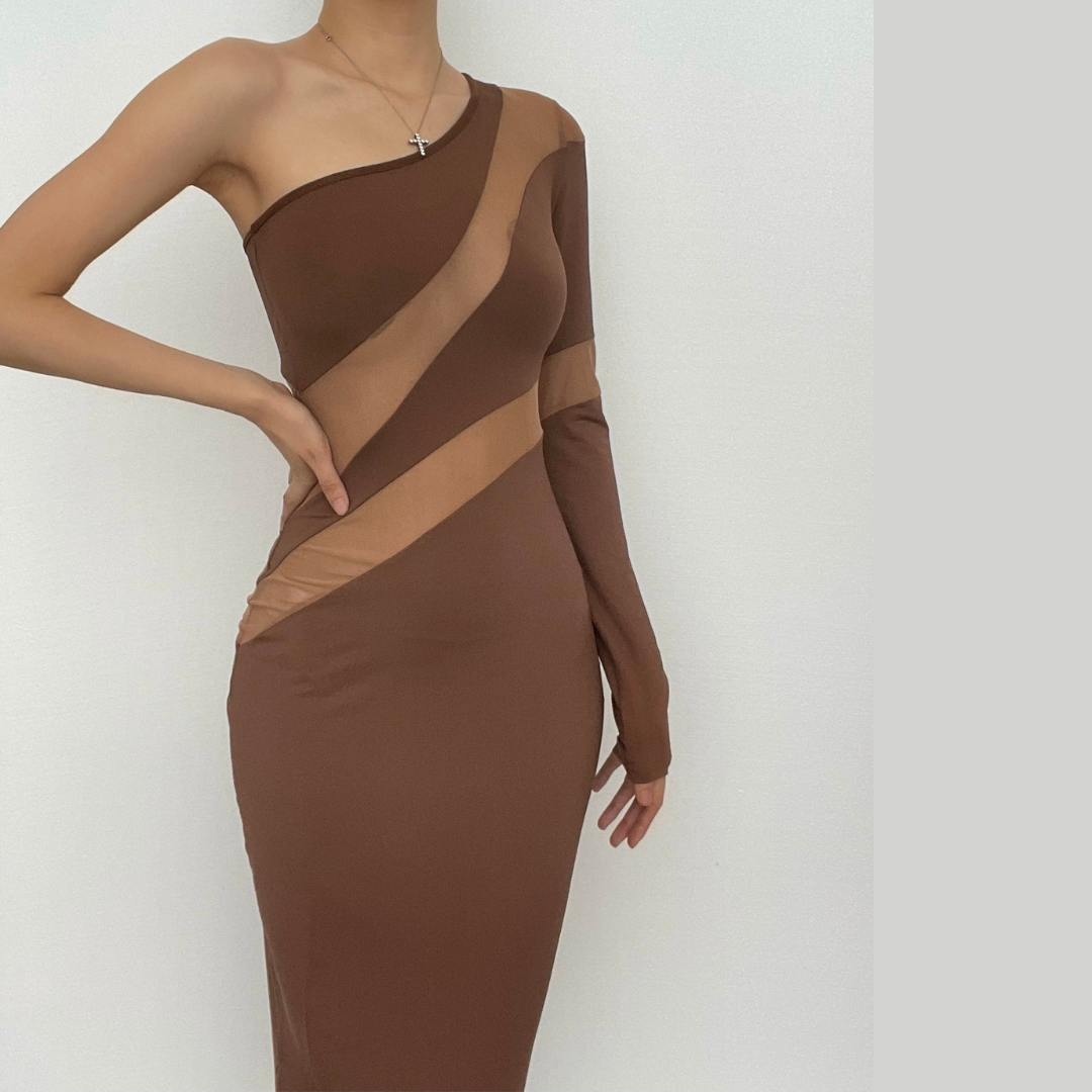 Long sleeve mesh backless one shoulder midi dress