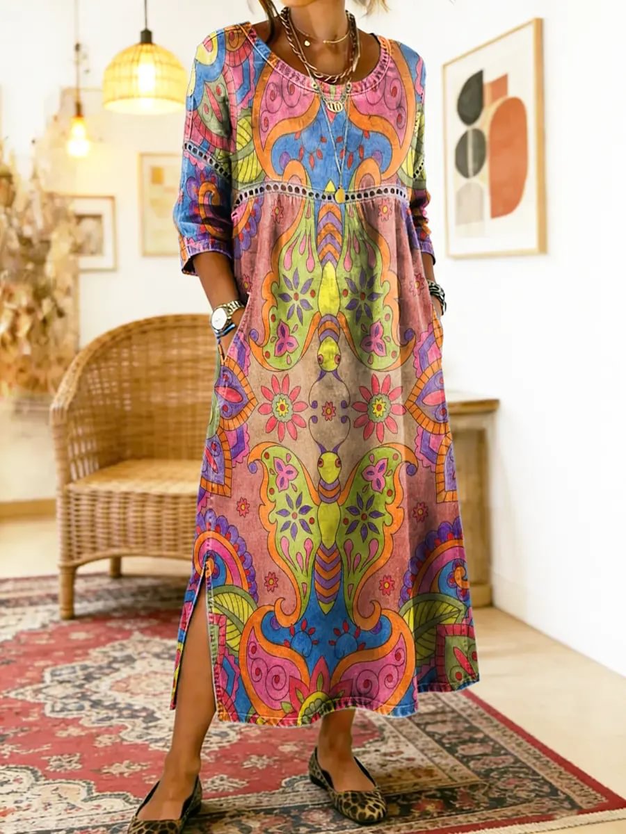 Floral Print Round Neck Pocket Side Split Maxi Dress