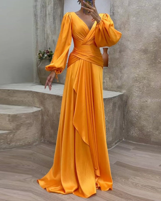 Deep V-Neck Bishop Sleeve Ruched Drape Panel Wrap Maxi Gown