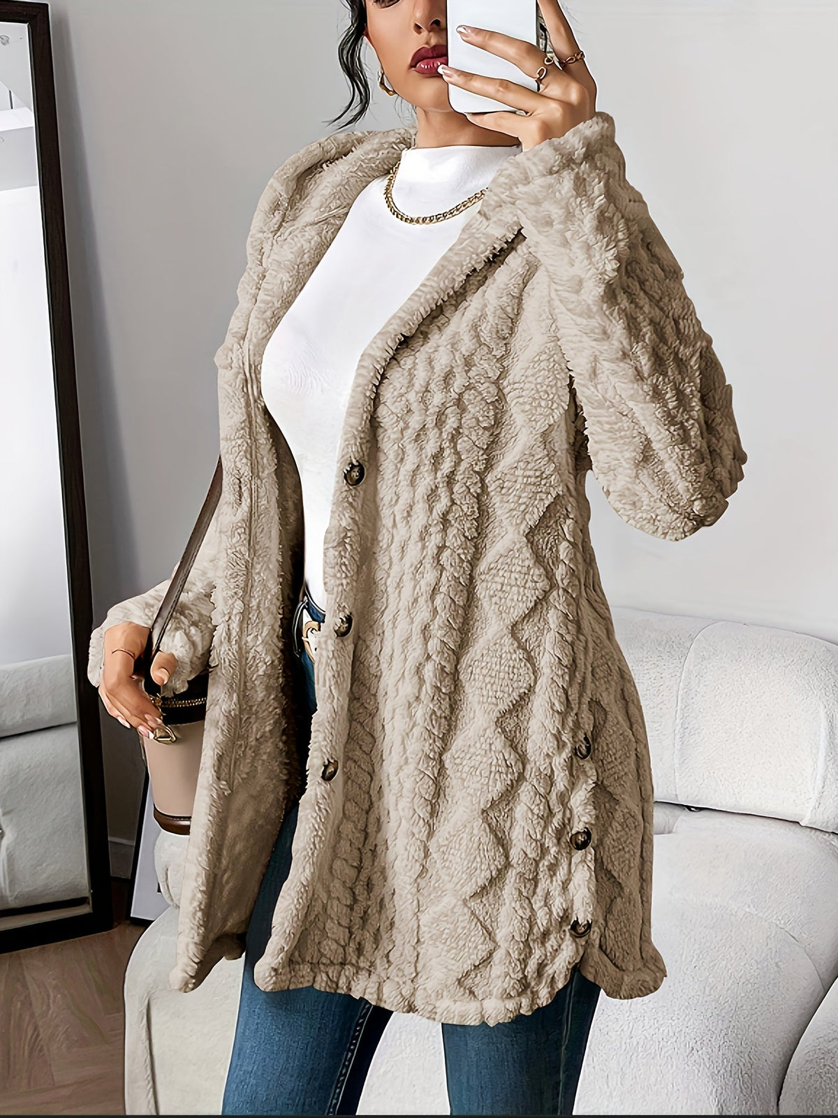 Textured Fleece Hooded Button Front Cardigan Coat