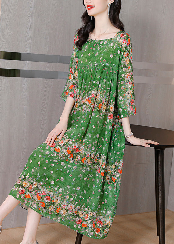 Floral Print Border Trim Round Neck Three Quarter Sleeve Empire Pleated Maxi Dress