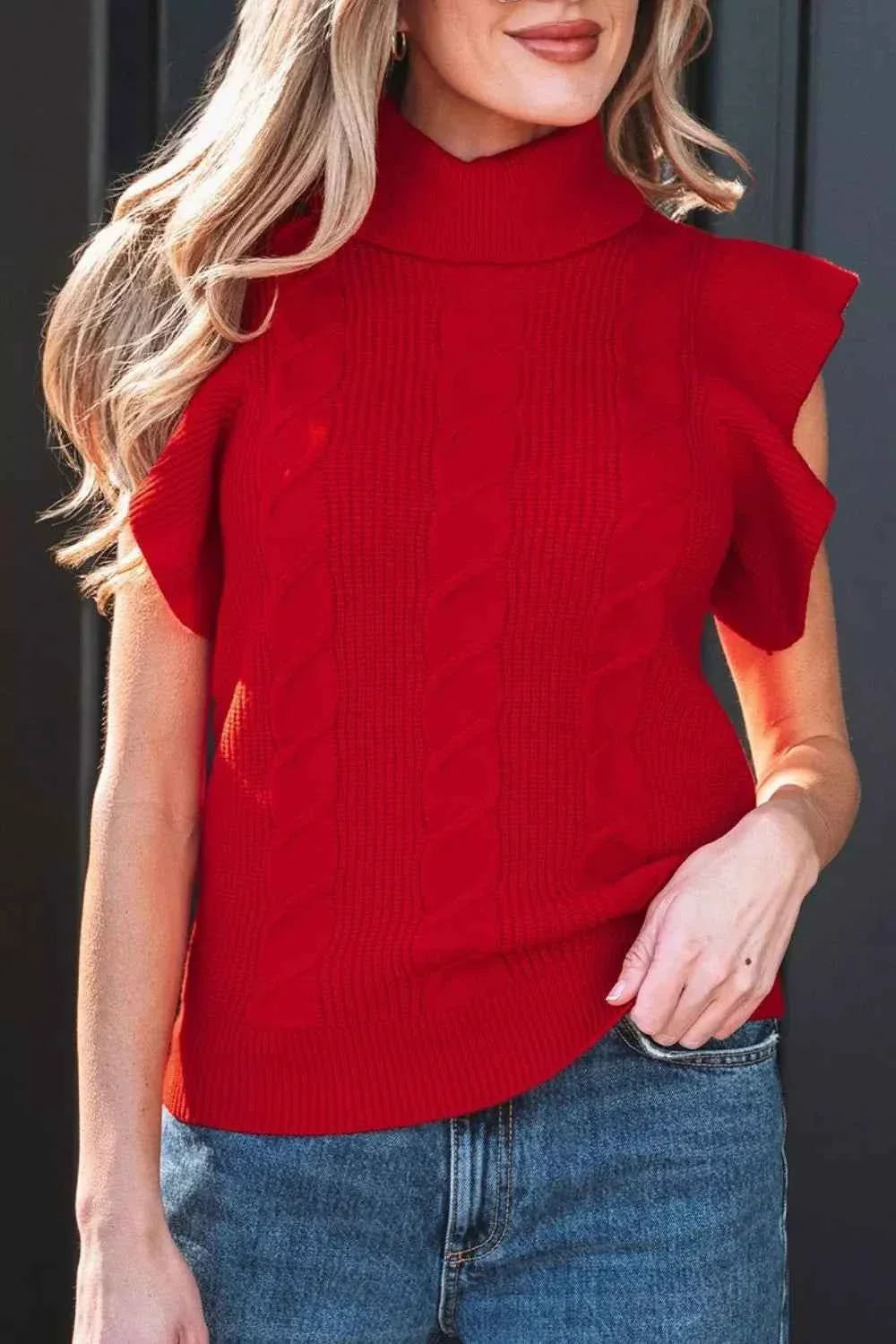 Turtleneck Ruffle Cap Sleeve Cable Knit Sweater