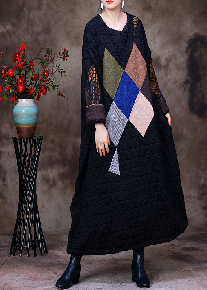 Quilted Geometric Patchwork Round Neck Long Sleeve Oversized Maxi Dress