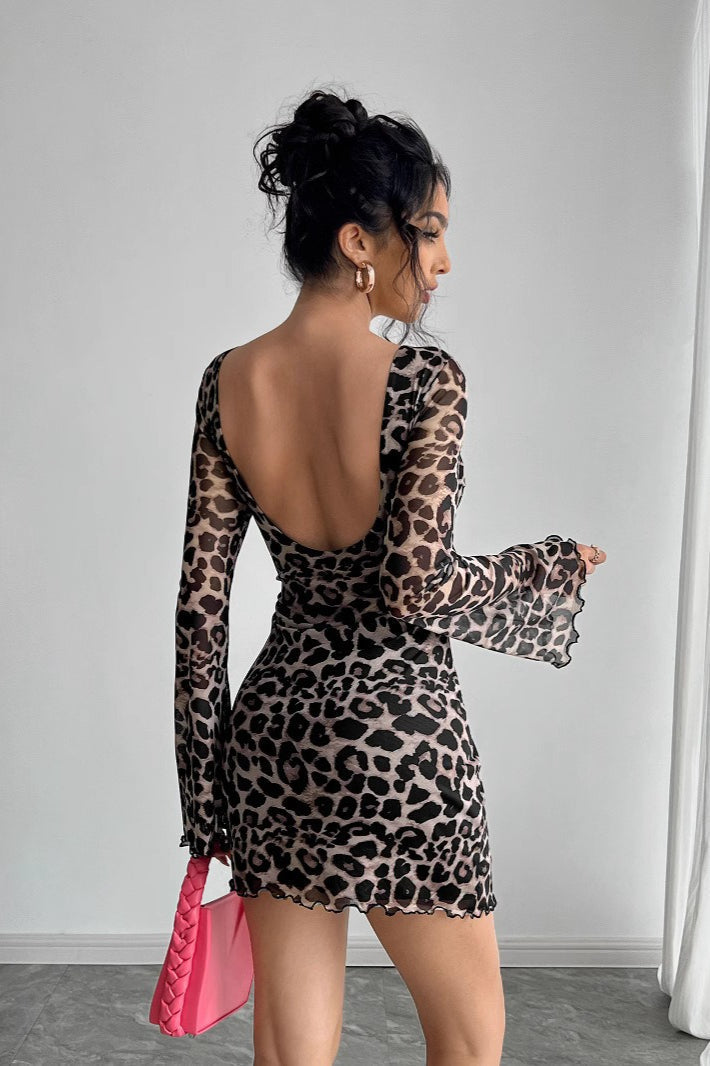 Leopard Mesh Backless Flare Sleeve Mini Dress - View 3