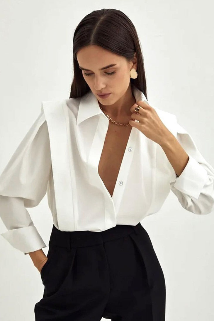 Pleated Shoulder Panel Collared Button Front Long Sleeve Shirt