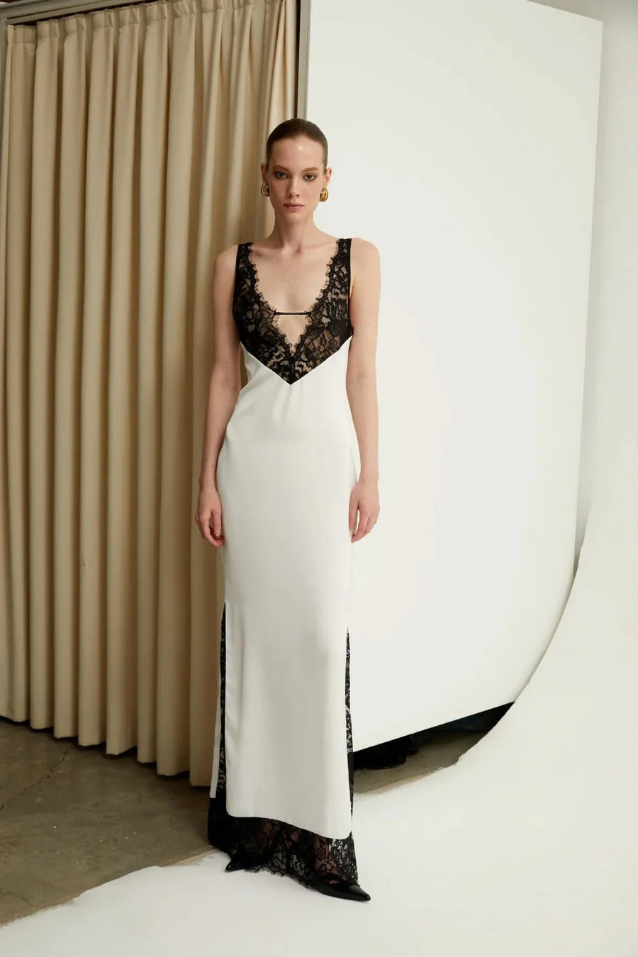Satin Deep V-Neck Lace Bodice Lace Trim Hem Slip Maxi Gown