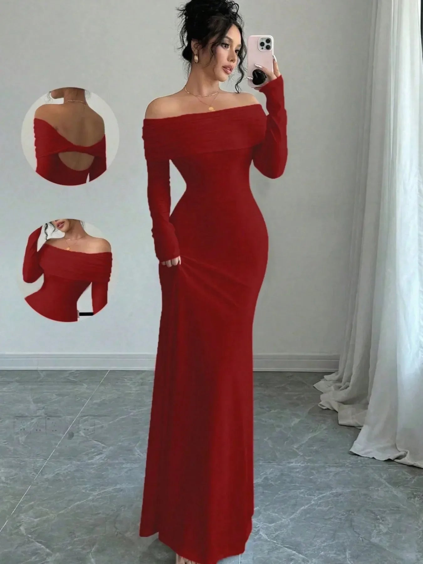 Off-Shoulder Long Sleeve Bodycon Maxi Dress Burgundy