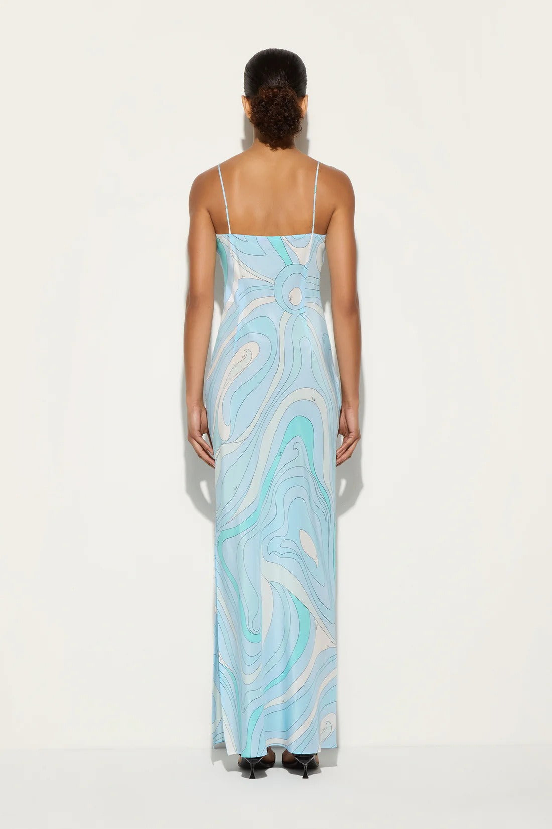 Spaghetti Strap Deep V-Neck Abstract Print Satin Slip Maxi Dress