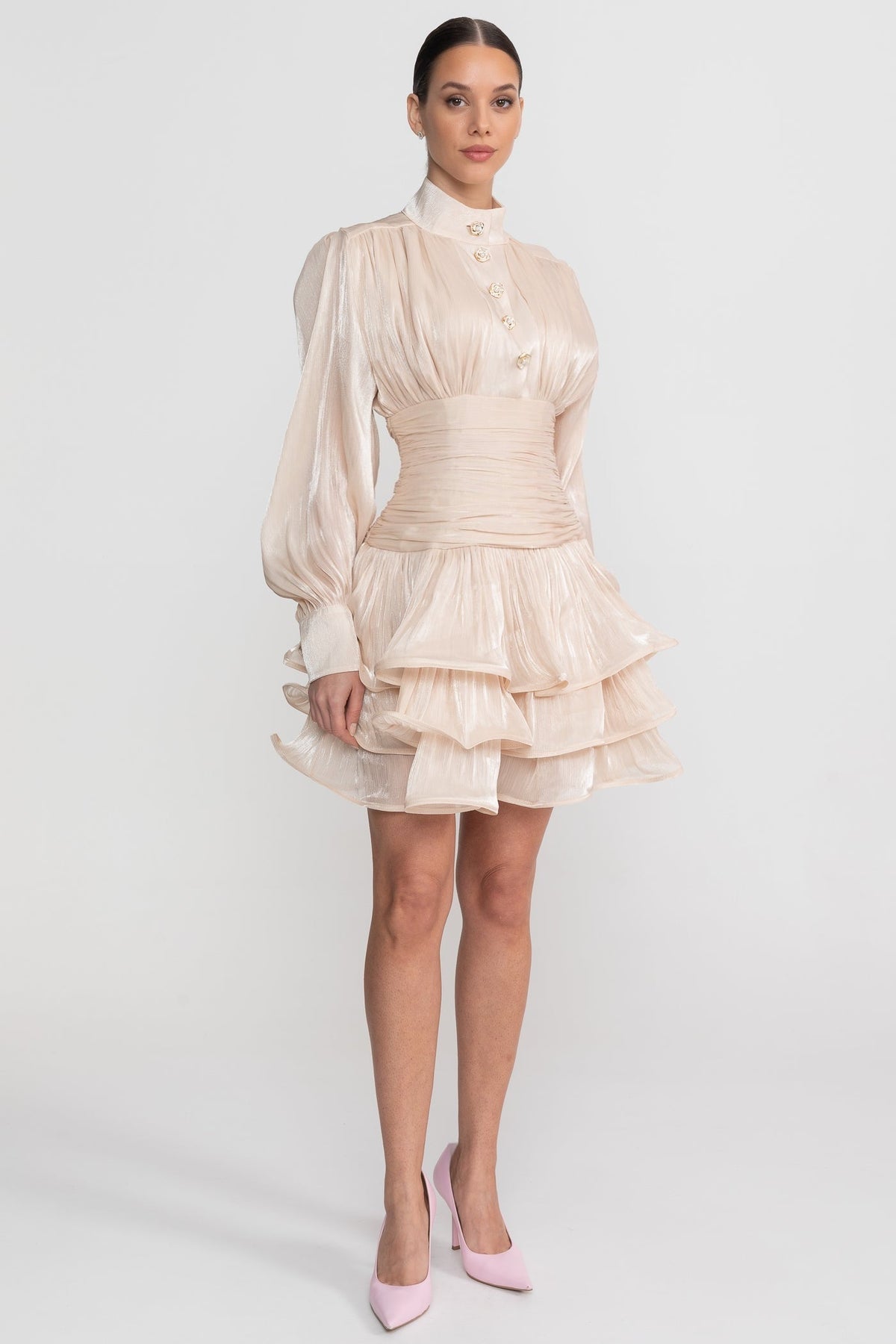 High Neck Balloon Sleeve Ruched Waist Tiered Ruffle Mini Dress 6