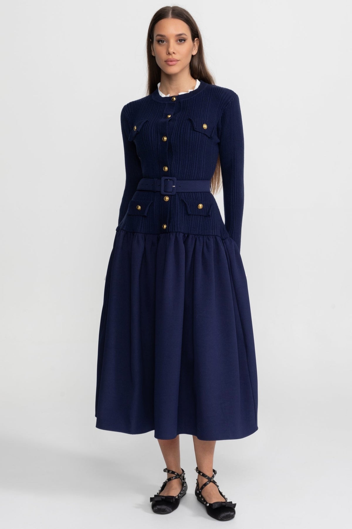Ribbed Knit Long Sleeve Button Front Belted Drop Waist Midi Dress