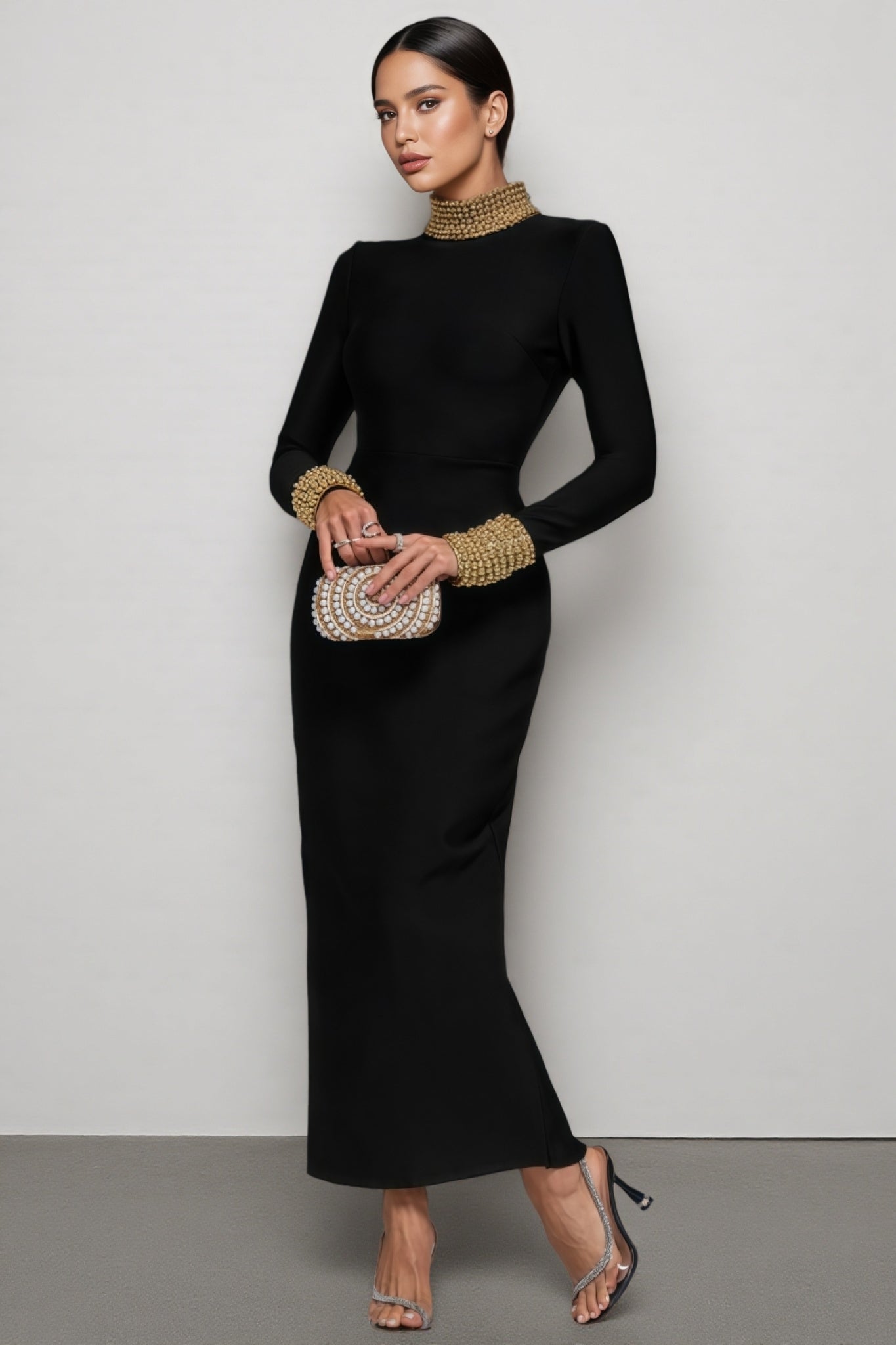 Beaded Mock Neck Long Sleeve Bodycon Bandage Maxi Gown
