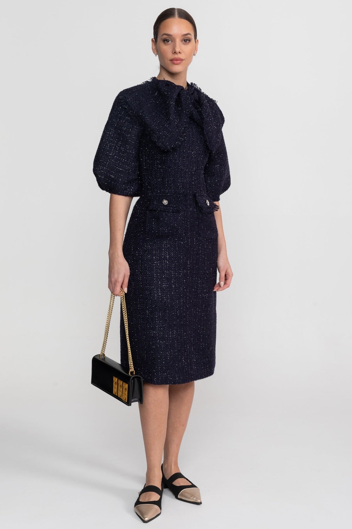 Tweed Pussy Bow Neck Puff Sleeve Pearl Button Patch Pocket Midi Dress