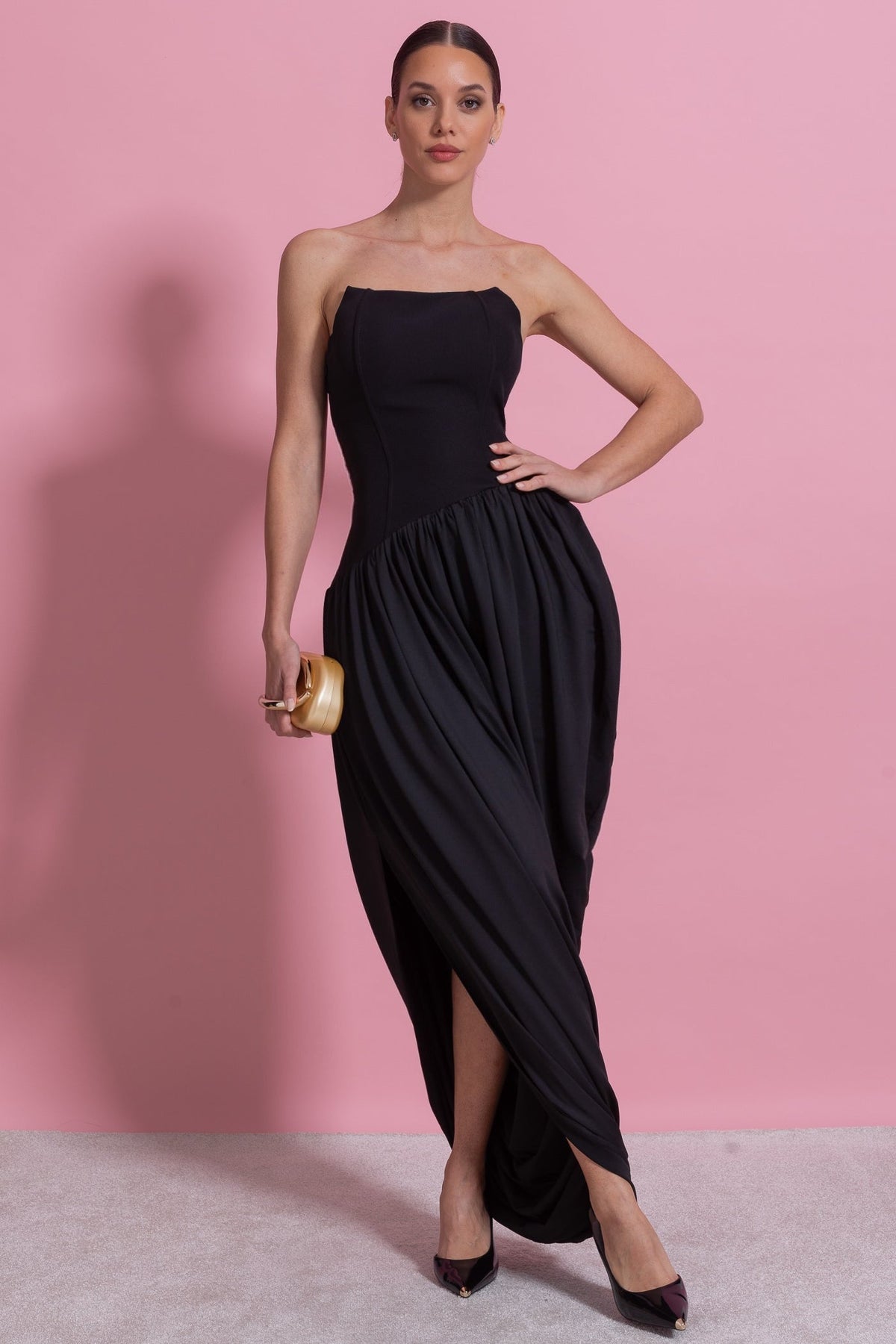 Strapless Corset Bodice Asymmetric Draped Skirt Maxi Dress 4