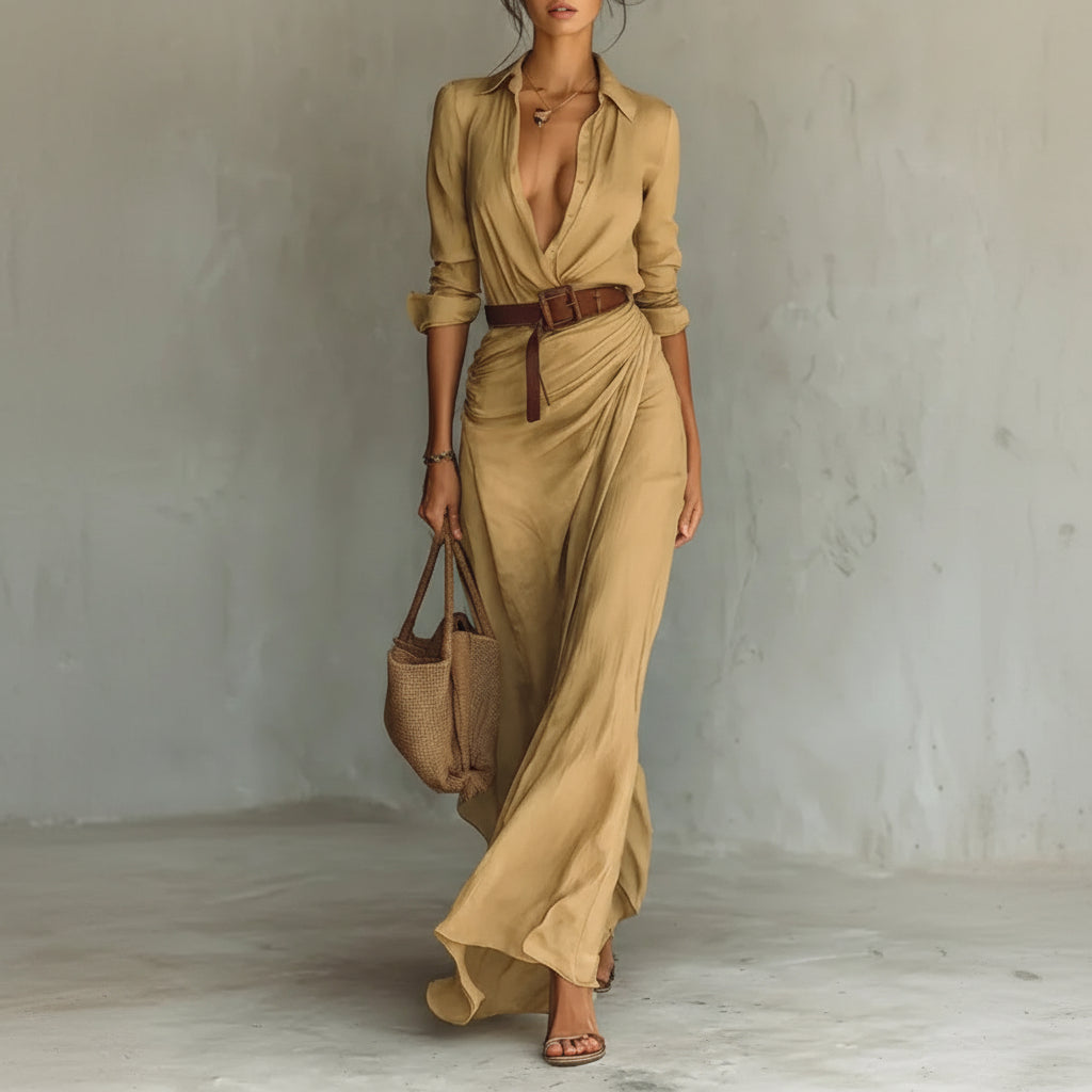 Collared Long Sleeve Wrap Maxi Two Piece Set